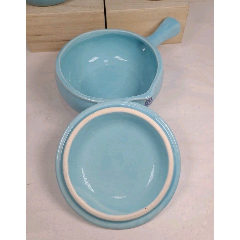 Vintage (4) Cronin BLUE TULIP Small Soup Sauce Pots WITH Lids & Handles - Picture 6 of 11